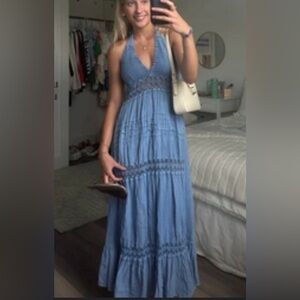 Blue Sleeveless Bohemian Western Maxi Ruffled Vacation Beach Dress 💯 Cotton XL